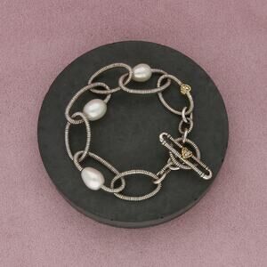 judith ripka sterling silver & 18k gold diamond & pearl toggle bracelet size 8in